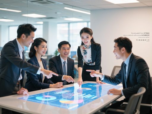 极光智能选校办公室场景，现代化办公环境，团队成员正在讨论数据分析，明亮自然光